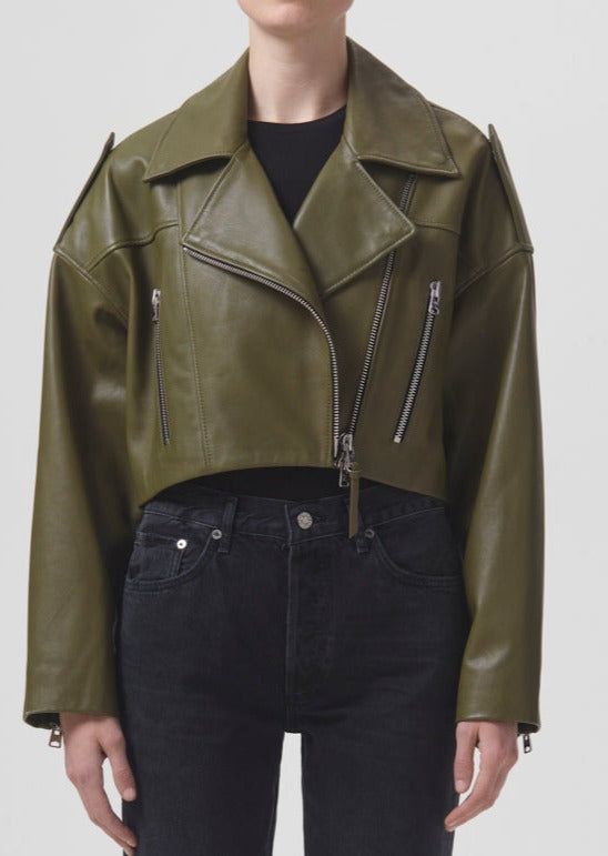 Vestes Agolde Shoreditch Ski Club Remi Leather Biker Jacket Femme Grass | BRDHG-4512